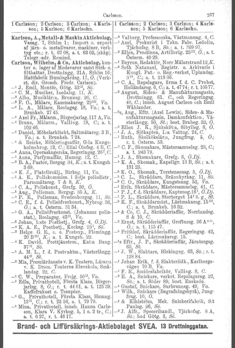 Carlsson. 237 1 Carlsson; 2 Carlson; 3 Carlzon; 4 Karls- 1 Carlsson; 2 Carlson; 3 Carlzon; 4 Karlsson; 5 Karlson; 6 Karlsohn. I son; 5 Karlson; 6 Karlsohn. Karlson, A., Metall.