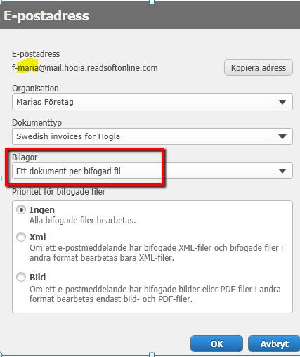 Den e-post leverantörerna ska använda ska under Bilagor ha alternativet Ett dokument per bifogad