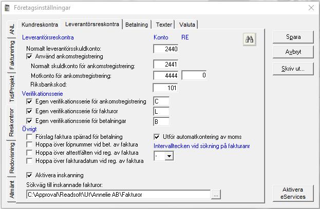 Ange nu mappen för de fakturor som behöver registreras manuellt. I ekonomisystemet går du till Arkiv - Företagsinställningar - Reskontra Leverantörsreskontra.