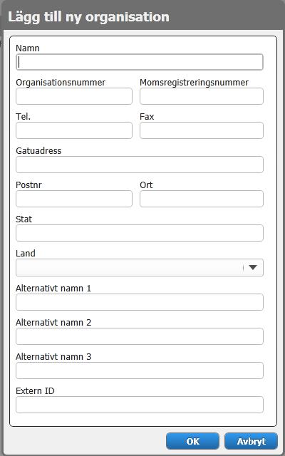 Fyll i uppgifter för det nya företaget, Namn och Externt ID (företagets organisationsnummer). Klicka OK.