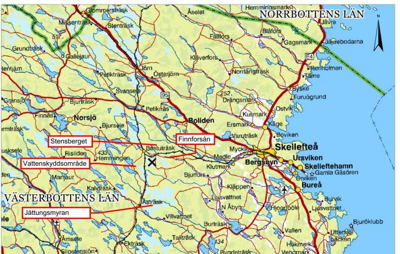 Figur 5. Området för Röjnorets torvtäkt är markerad med kryss. Riksintresse geologi 1,5 km norr om Röjnoret finns en förkastning, Stensberget, som är utpekad som riksintresse för geovetenskap.