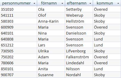 6 Laboration 1 SQL 6. Välj spara (klicka på diskettsymbolen längst uppe till vänster) och döp frågan till qrypersoner. Stäng frågan.