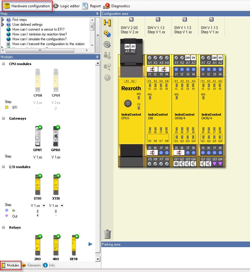 SafeLogic designer 7/15 utför en rörelse med hjälp av en servomotor. För det används 3 knappar NC/NO kopplade och en lampa.