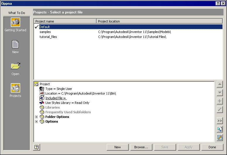 NEW FILE ACCES DIALOGS I Inventor 2008 är samtliga dialoger anpassade att följa standarden för Windows XP och till exempel det som gäller för genvägar till Mina Dokument, Skrivbordet och så vidare.