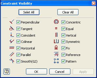 CONSTRAINT VISIBILITY I Inventor 2008 kan Du välja vilka av de olika villkoren som skall visas på paletterna (eller inte visas) när Du använder