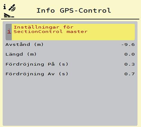 4 Manövrering AXIS EMC ISOBUS 4.4.11 GPS-Control Info I menyn Info GPS-Control informeras du om de beräknade inställningsvärdena i menyn Beräkna OptiPoint.