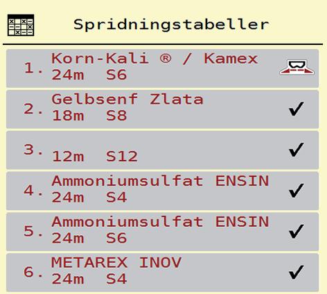 Manövrering AXIS EMC ISOBUS 4 4.4.12 Spridningstabeller I denna meny kan du skapa och administrera spridningstabeller.