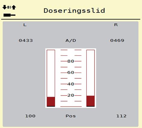 Manövrering AXIS EMC ISOBUS 4 Exempel Test/Diagnos doseringsslid 1. Öppna menyn Test/Diagnos > Doseringsslid. På displayen visas motorernas/givarnas status. 1 2 3 Bild 4.