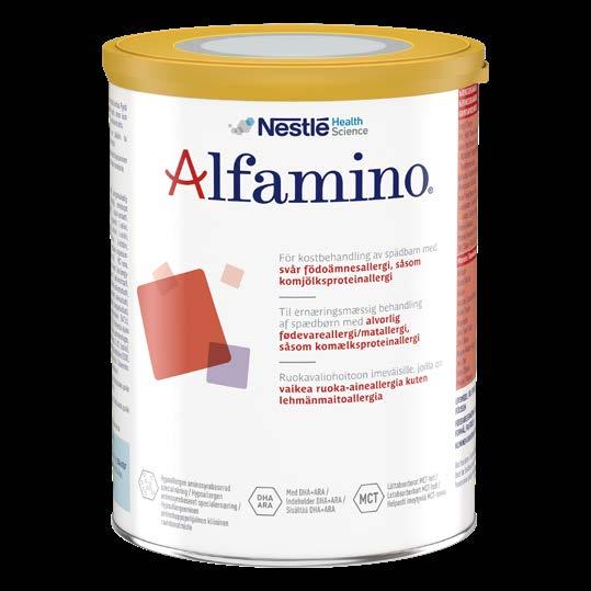 Vad är ALFAMINO? Alfamino är en specialnäring som är helt fri från mjölkprotein. Därför är den ett tryggt val för barn med extra besvärliga symtom från sin mjölkallergi. Hur använder jag ALFAMINO?