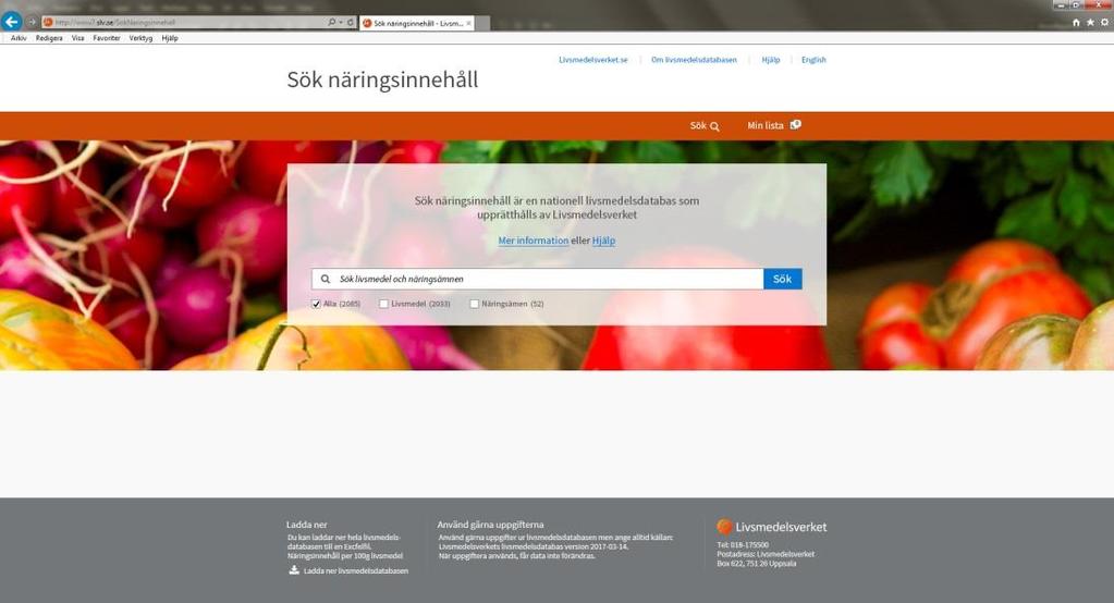 Sök näringsinnehållet på www.livsmedelsverket.