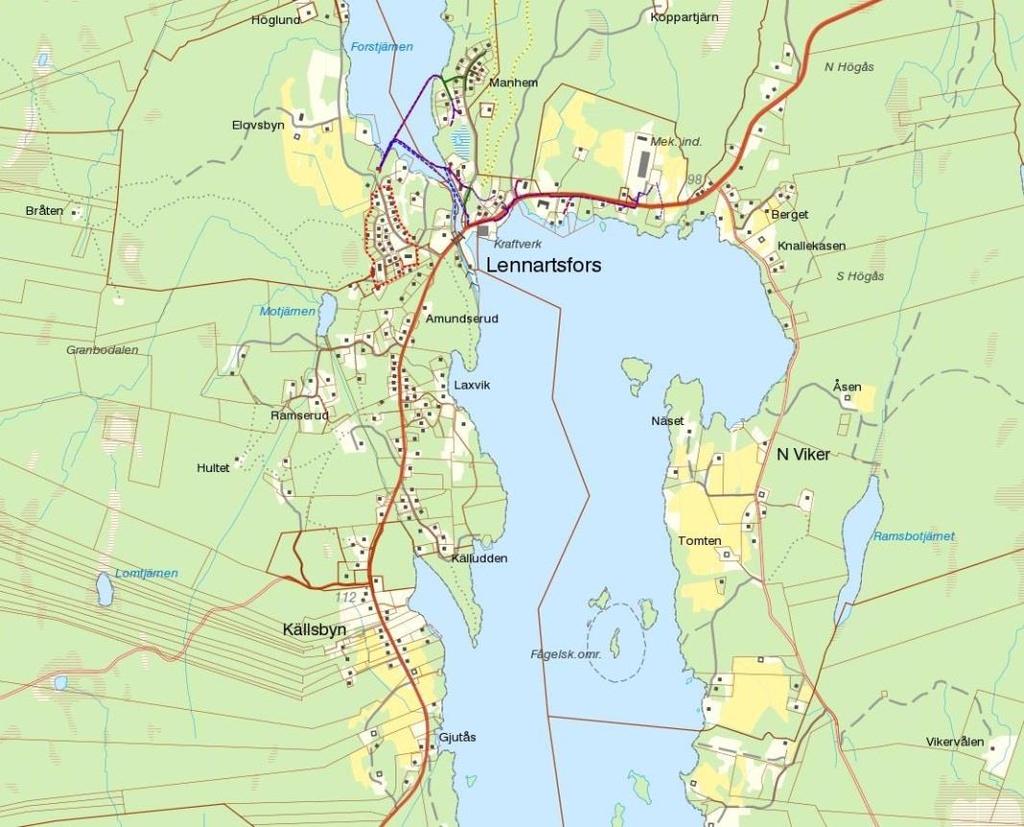 Lennartsfors Översikt Lennartsfors De rödmarkerade områdena är de som är aktuella för utredning.
