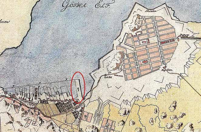 Järnvågen 9 Figur 4. Utsnitt från en stadskarta över Göteborg år 1777, som visar Järnvågspiren ( Pusterwiks kajen ). Karta Stadsplan Göteborg, Göteborgs stadsmuseum. Ur Svedberg 2006 :183.