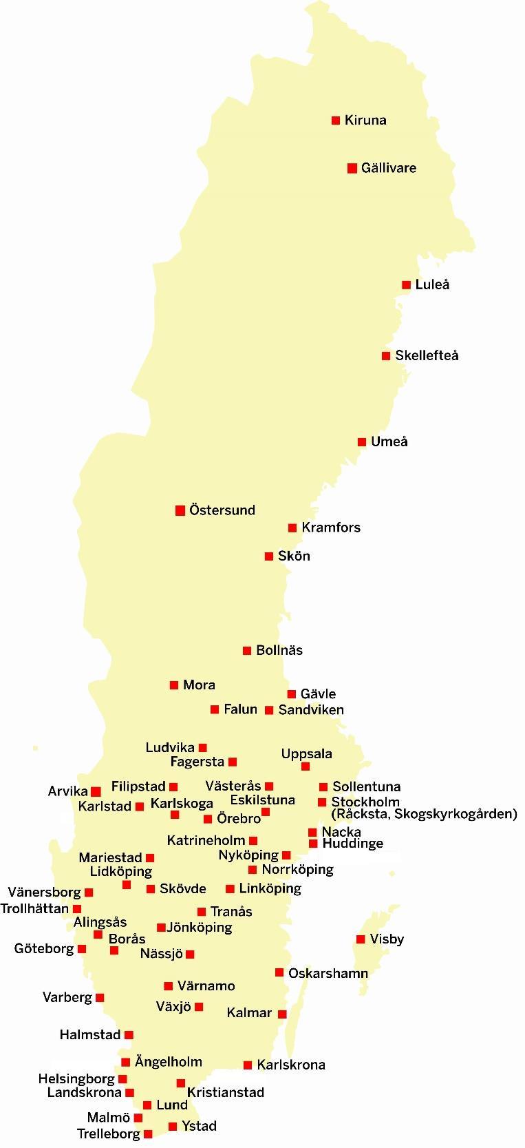 5. Anläggningsöversikt År 2017 finns det 56 kyrkliga och 2 kommunala huvudmän som bedriver krematorieverksamhet. Alla har ett krematorium med undantag av Stockholm som har två.