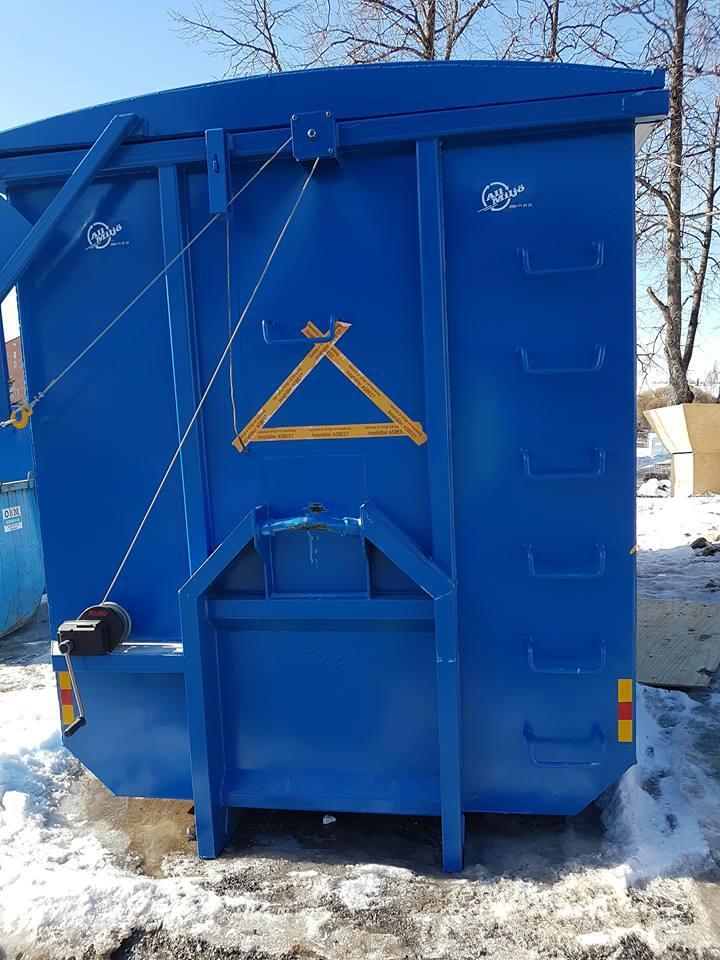 Figur 3: Sluten container med asbest avfall. Containern markeras synligt på varje sida med tejpen Varning Rivning Asbest Tillträde förbjudet för obehöriga.