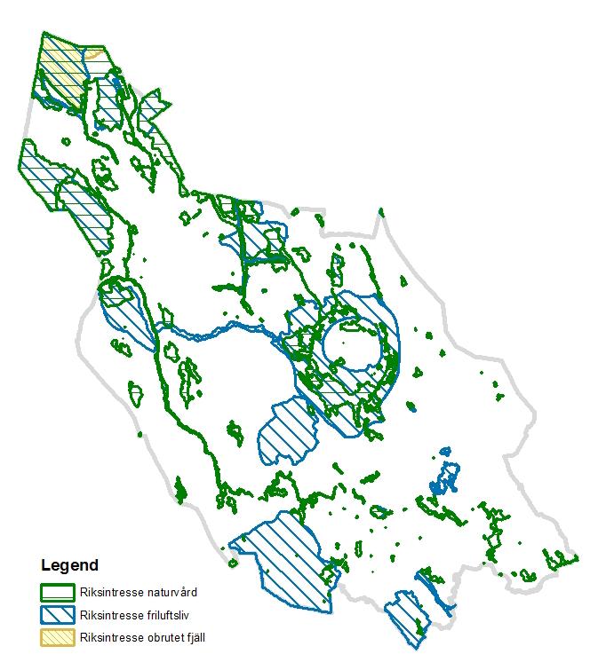 Figur 13. Riksintressen för naturvård, friluftsliv och obrutna fjäll som är utpekade i Dalarnas län. 6.4.1.3 Riksintresse för friluftsliv Riksintressen för olika intressen växte fram under 60- och 70-talet som en del i den fysiska planeringen.