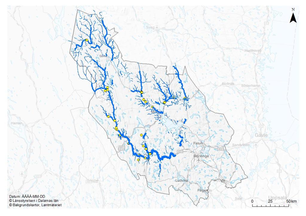 Figur 15. Värdekärnor för Dalarnas vandrande fiskbestånd. De gula punkterna motsvarar lokalisering av damm för de åtgärder för att skapa fria vandringsvägar som ger mest miljönytta.