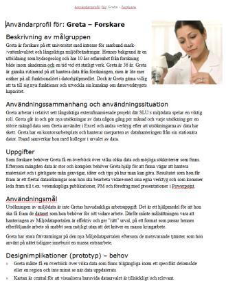 Effekt-, produkt- och användbarhetsmål. Användningsscenarier. Deltagande designsessioner.