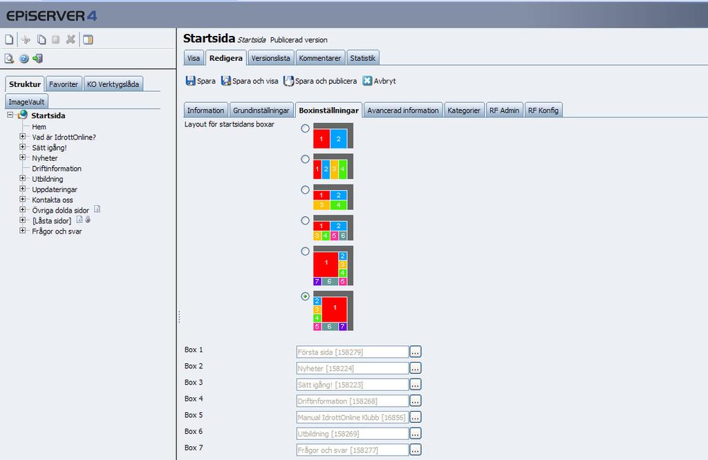 Utseende boxar på startsidan www.idrottonline.se redigera boxinställningar För att lägga till fler boxar eller ändra boxarnas innehåll så går du till fliken Redigera och sedan Boxinställningar.