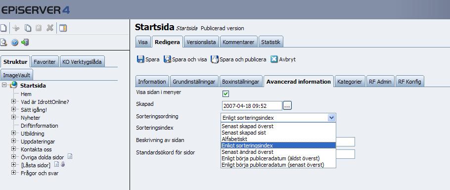 Sorteringsordning på menyer och information www.idrottonline.