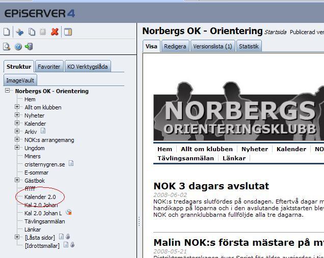 0 i strukturen: Nu bör du se Kalendern i det stora fönstret i mitten, samt ett par flikar