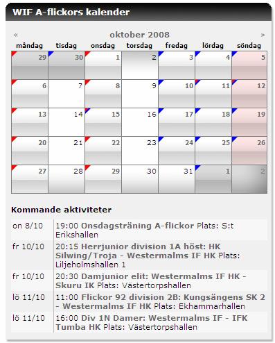 och publicera för att spara inställningarna och lägga till kalendern på startsidan. Bilden visar kalendern i box i schemaformat samt de 5 kommande aktiviteterna som visas under.