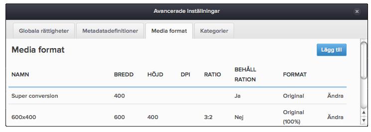 18.3. Mediaformat ImageVault Användarmanual Fliken mediaformat listar alla medieformat. Det är också möjligt att se hur ett befintlig mediaformat är inställt i listvyn.