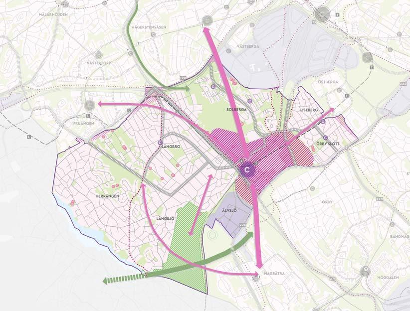 ny blandad stads bebyggelse. Sambanden från Älvsjö till Solberga och vidare till Telefonplan, liksom från Älvsjö till Hagsätra är prioriterade strategiska samband.