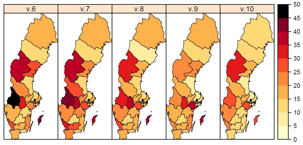 Figur 2. Antal laboratorieverifierade influensafall (alla typer) per län och 100 000 invånare.