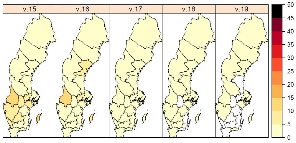 Figur 2. Antal laboratorieverifierade influensafall (alla typer) per län och 100 000 invånare.