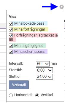 Personlig kalender Inställningar Här kan du se vad färgerna i kalendern betyder. Blått: Beställningar du blivit bokad på. Gult: Förfrågningar du ännu inte har svarat på.