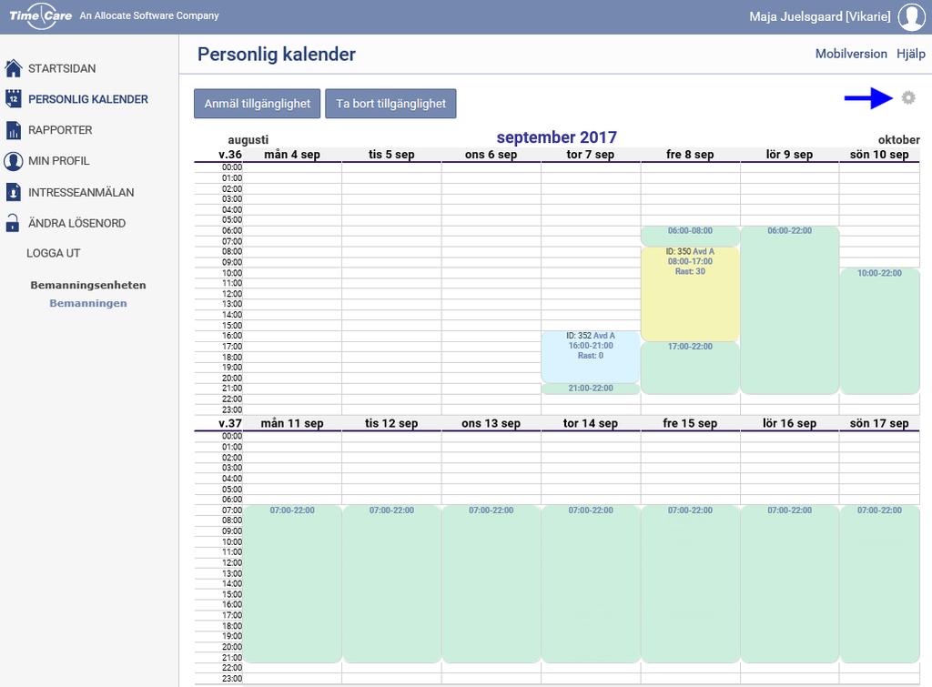 Lila: Manuellt inlagda schemapass eller importerade pass från Time Care planering. Intervall: Här kan du välja detaljnivå. Vi rekommenderar 60 minuter.
