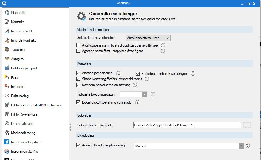 Inställningar generellt Under Meny/Inställningar/Alternativ/Generellt väljer du om du vill använda den automatiska bokföringen av den utgående mervärdesskatten, förskottsbetalningar samt