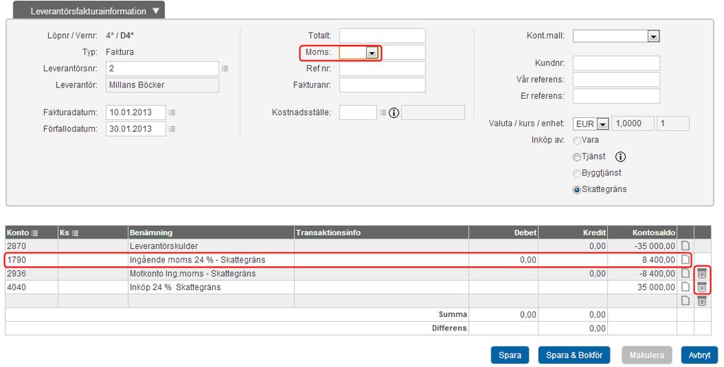 Flera momssatser på en leverantörsfaktura Har du flera momsatser på en leverantörsfaktura så måste du kontera momsen manuellt för varje artikel.