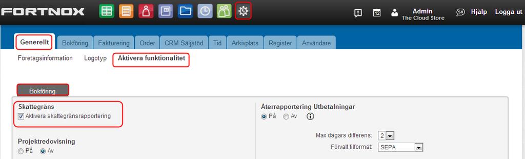 Eller så kan den aktiveras under Inställningar - Generellt - Aktivera funktionalitet Markera Aktivera Skattegränsrapportering under Bokföring - Skattegräns.