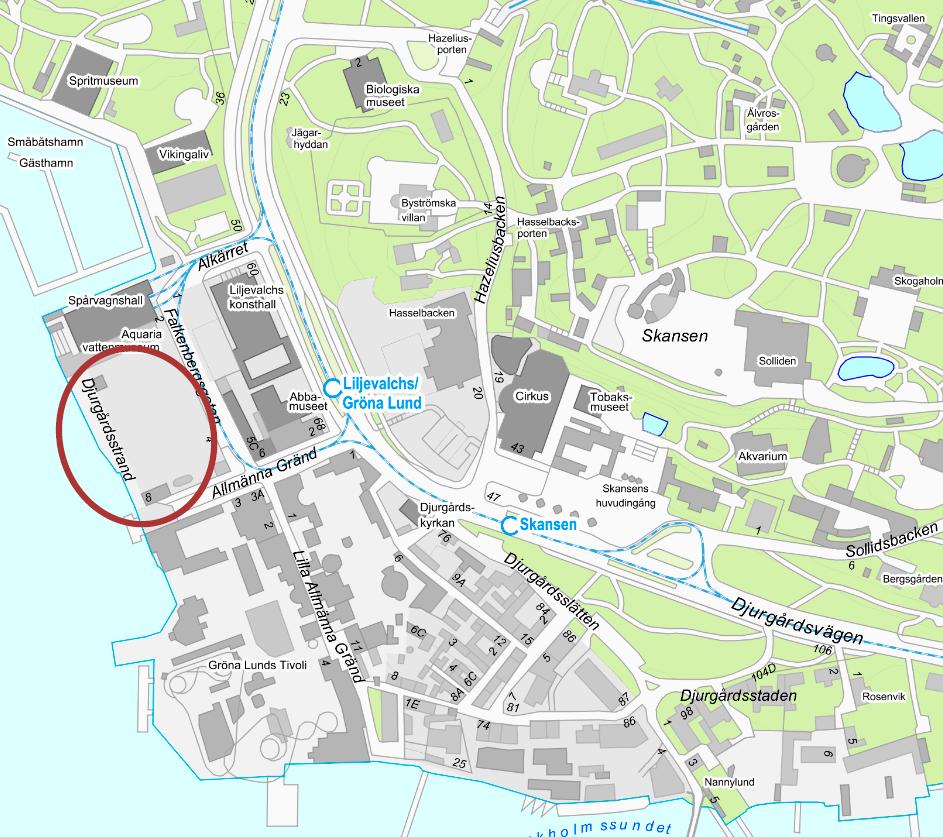 Sida 3 (15) Planområdet markerat med rött Marken som föreslås byggas ut ägs till största delen av Gröna Lund men