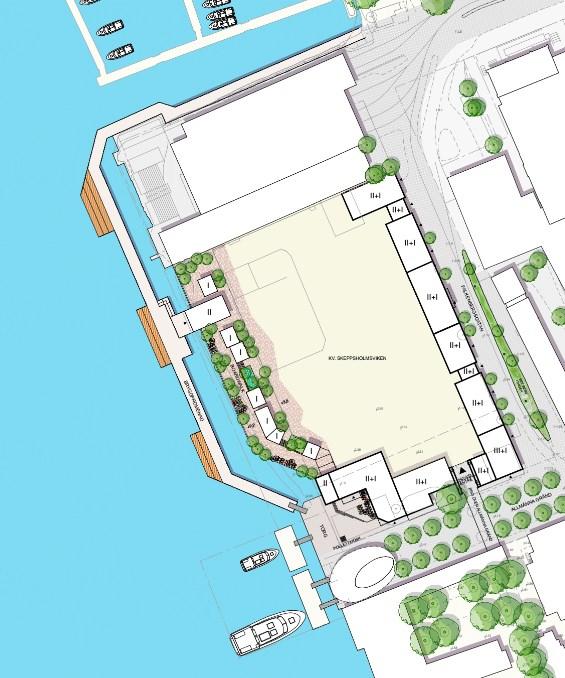 Sida 24 (38) ställe föreslås också bryggan ansluta till en byggnad avsedd för café eller liknande. Bryggan är i väster placerad med ett avstånd om ca 10 meter från land.
