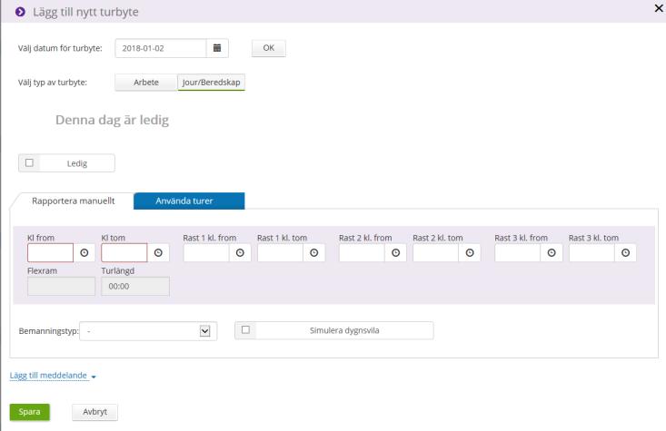 Schemats arbetstider visas, under Rapportera manuellt ifylles nya arbetstiden. Om dagen ska vara ledig ifylles ledig i klocka fr o m.