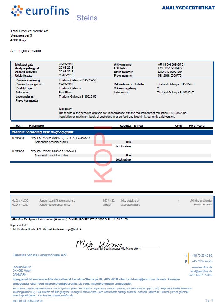 Analyser Pesticid - test MRL(Maximum residue level) - Kontrollera lag och kundens efterlevnad - Testplan - 15 prov per månad - Fokusområden: ekologiska produkter, högriskländer och