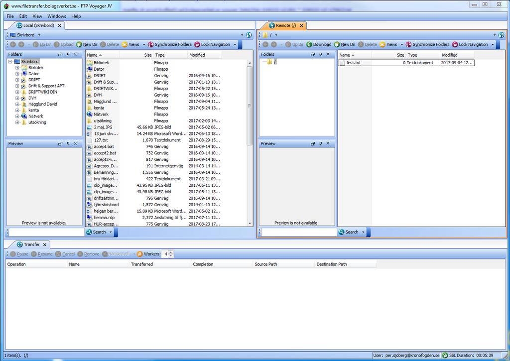 2017-11-20 Sid 10 När programmet är startat så ser det ut som en vanlig FTP-klient, du har din lokala dator med mappstruktur på vänster sida och din hemkatalog på den högra sidan, du kan nu föra över