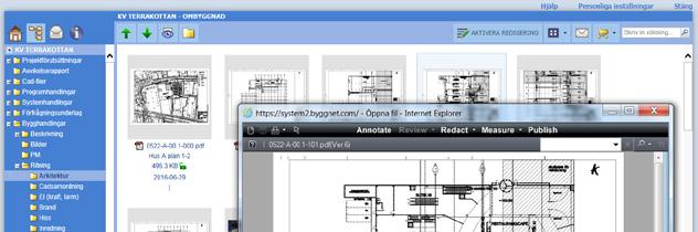 FILVY Titta på ritningar och andra dokument Byggnet Access erbjuder olika sätt att se filernas innehåll. Se innehållet som småbilder eller i Byggnets viewer.