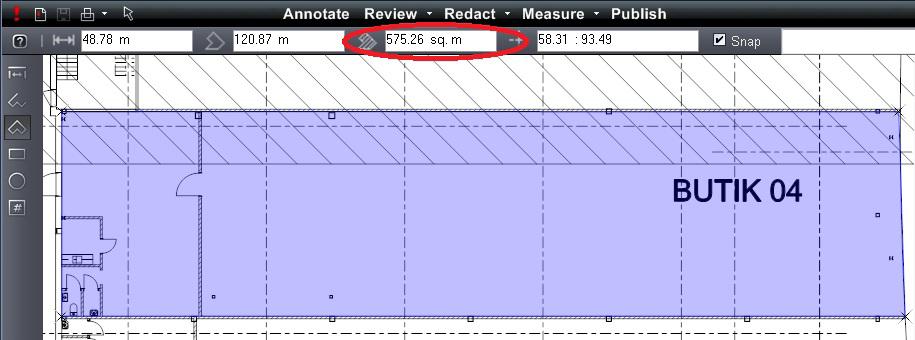 Så här gör du för att mäta avstånd/sträcka eller yta: För att utföra själva mätningen klickar du på knappen Measure därefter exempelvis Measure Polygon, i vänster verktygsrad, för