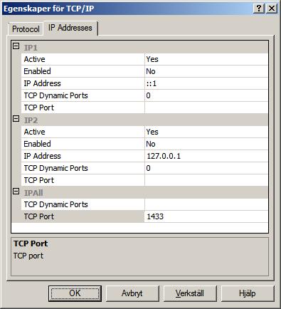 Förberedelser 3) Klicka på fliken [IP Addresses]. Radera värdet som visas i textrutan [IPAll] - [TCP Dynamic Ports].
