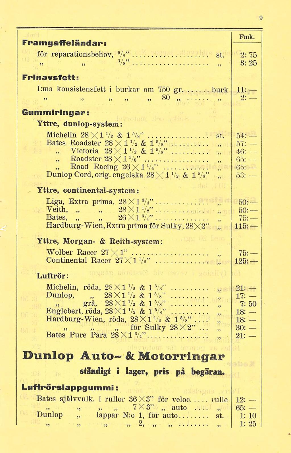 Pmk. Fpamgaffeländar: för reparationsbehov, Vs st. 2: 75 Vs 8: 25 Frinavsfett; I:ma konsistensfett i burkar om 750 gr burk 11: 80 M... 2. j» Gummipingar; Yttre, dunlop-system: Michelin 28 XI Va & 15/s l 5 /s st.