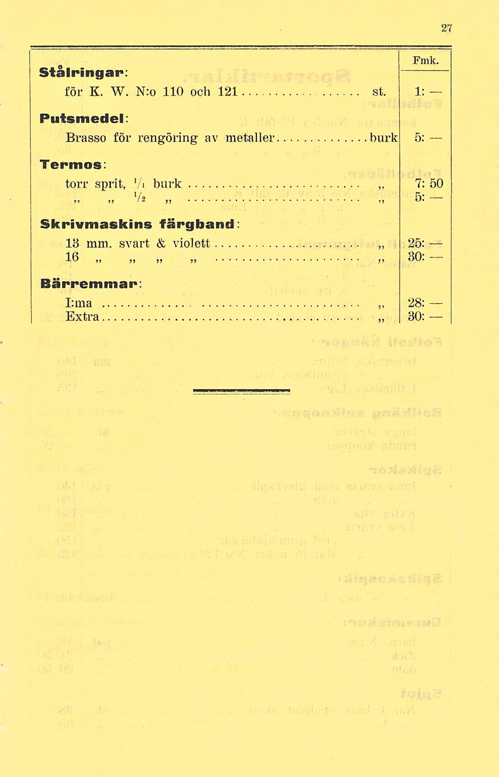 Stålringar: för K. W. N:o 110 och 121 st. 1: Putsmedel: Brasso för rengöring av metaller burk 5; Fmk.