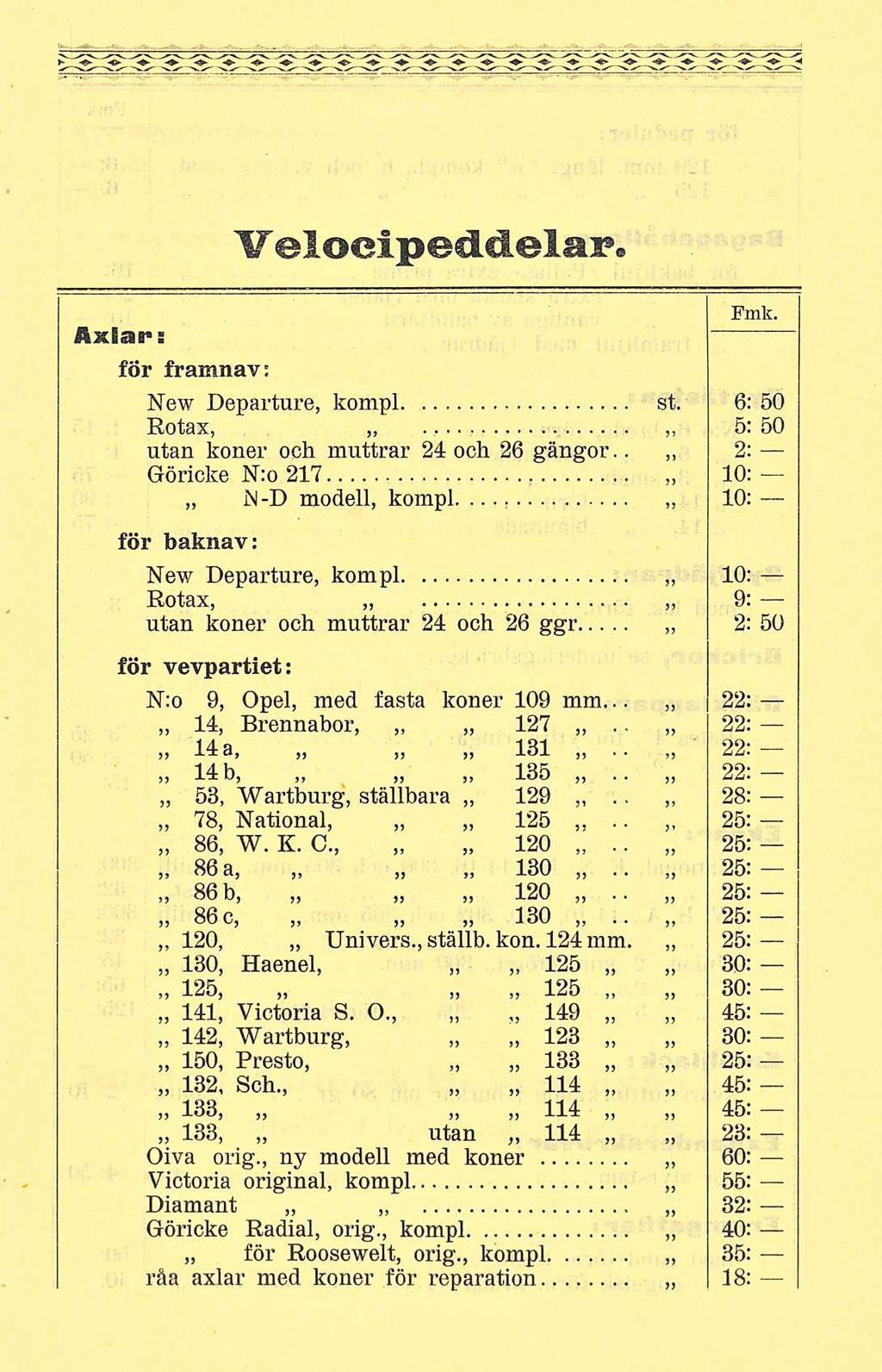 .... W eioeipeddelaif Frnk. Axlars för framnav: New Departure, kompl st. 6: 50 Rotax, 5: 50 utan koner och muttrar 24 och 26 gängor.