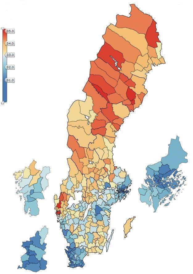 Tematisk karta Totala kommunalskattesatser i Sveriges