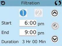 eras. Filtercykel 1 Aktivera filtercykel 2 Filtercykel 1 är blåmarkerad och ställ in tiden på följande sätt: Start: Tryck på timmar/minuter som då gulmarkeras.