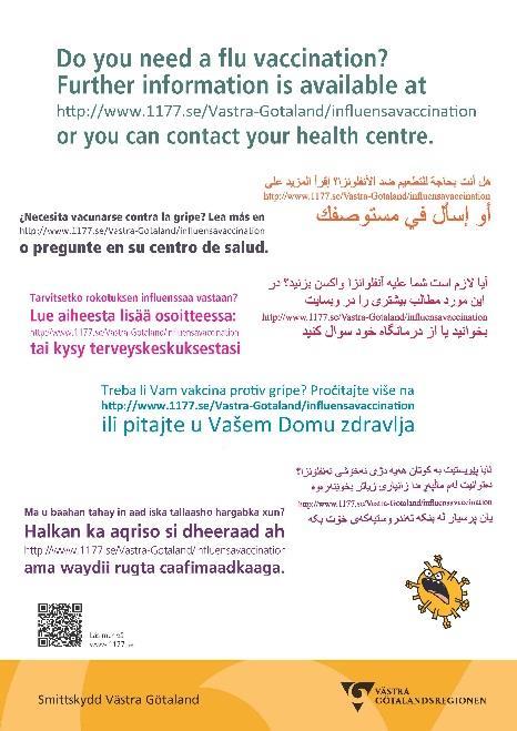 Översättningar På Smittskyddets webbsida och 1177 Vårdguiden finns information om influensa översatt till andra språk. För att informera om detta i väntrummet, finns en flerspråkig affisch.