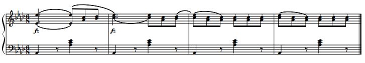 Tema ur period d, första fyra takterna (spelas sedan igen över ett Eb-durackord): Period d förekommer i fyra olika variationer, i de följande med sång.