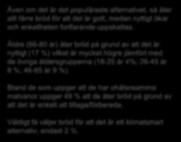 Äldre (66-80 år) äter bröd på grund av att det är nyttigt (17 %) vilket är mycket högre jämfört med de övriga åldersgrupperna (18-25 år 4%; 26-45 år 8 %; 46-65 år 9 %).